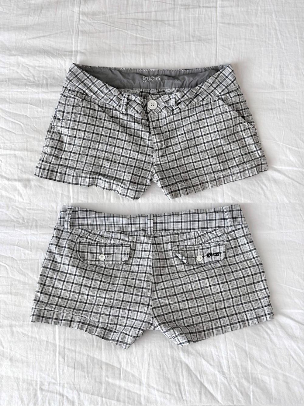 Vintage GUESS Black & White Plaid Embroidered Lowrise Shorts Size 29
